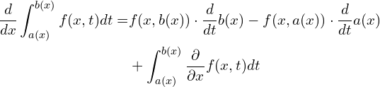 \begin{align*} \frac{d}{dx}\int_{a(x)}^{b(x)} f(x,t) dt  =& f(x,b(x))\cdot \frac{d}{dt} b(x) - f(x,a(x))\cdot \frac{d}{dt} a(x) \\&+ \int_{a(x)}^{b(x)} \frac{\partial}{\partial x} f(x,t) dt \end{align*}