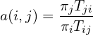 \begin{equation*}  a(i,j) = \frac{\pi_j T_{ji}}{\pi_i T_{ij}} \end{equation*}