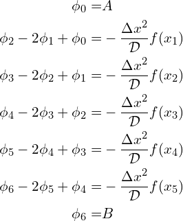 \begin{align*} \phi_0 =&A \\ \phi_2 - 2\phi_1 + \phi_0 =& -\frac{\Delta x^2}{\mathcal{D}}f(x_1)\\ \phi_3 - 2\phi_2 + \phi_1 =& -\frac{\Delta x^2}{\mathcal{D}}f(x_2)\\ \phi_4 - 2\phi_3 + \phi_2 =& -\frac{\Delta x^2}{\mathcal{D}}f(x_3)\\ \phi_5 - 2\phi_4 + \phi_3 =& -\frac{\Delta x^2}{\mathcal{D}}f(x_4)\\ \phi_6 - 2\phi_5 + \phi_4 =& -\frac{\Delta x^2}{\mathcal{D}}f(x_5)\\ \phi_6 =& B \end{align*}